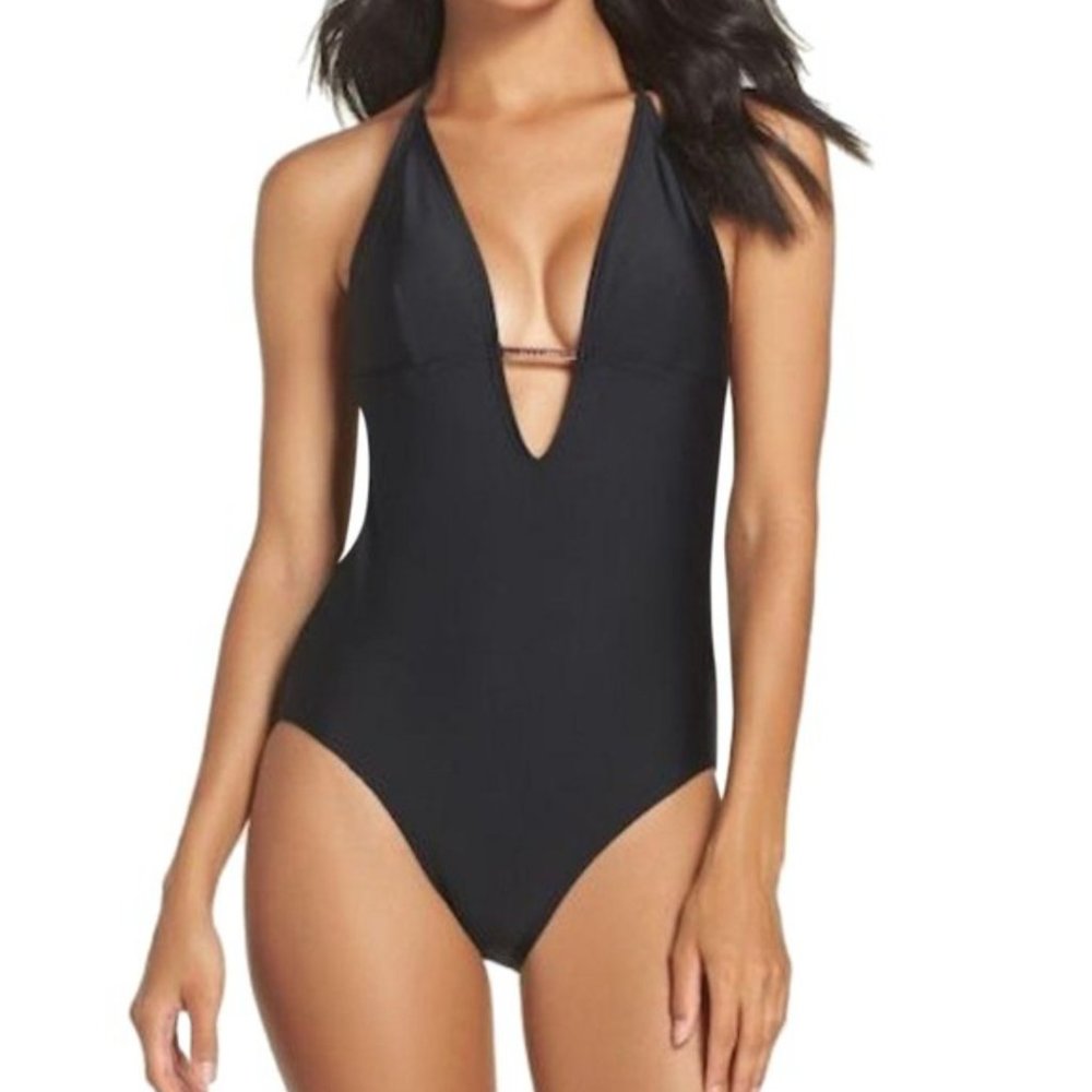 TED BAKER LONDON PLUNGING HALTER ONE-PIECE SWIMSUIT